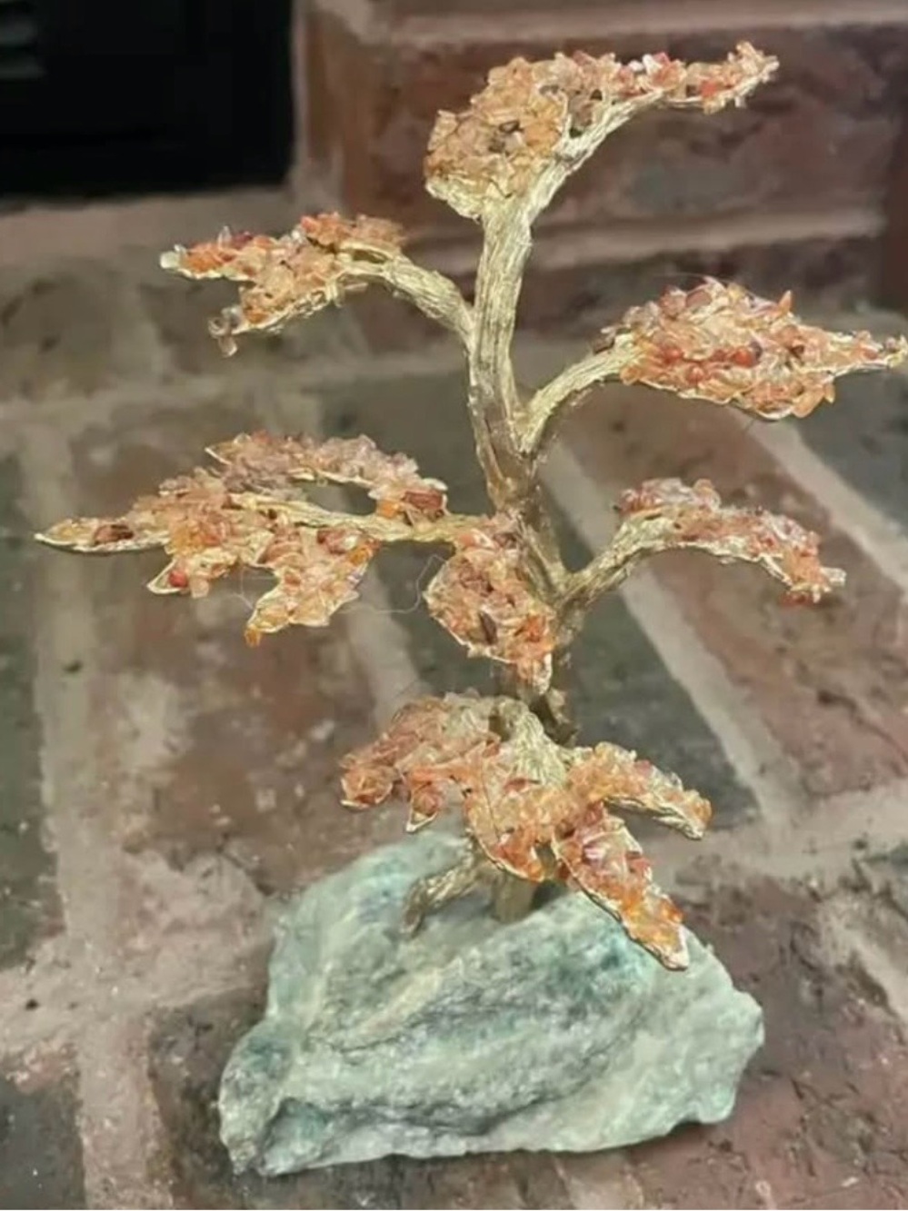 Carnelian Gemstone Chip Bonsai Tree — Gold Wire, Stone Base, About 6 Inches